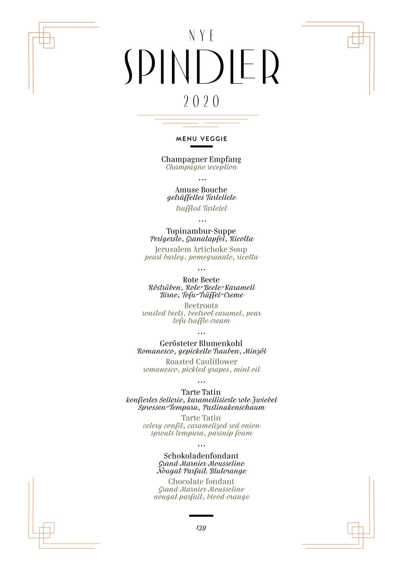 Spindler Restaurant Berlin Silvester NYE 2020 MENU Veggie
