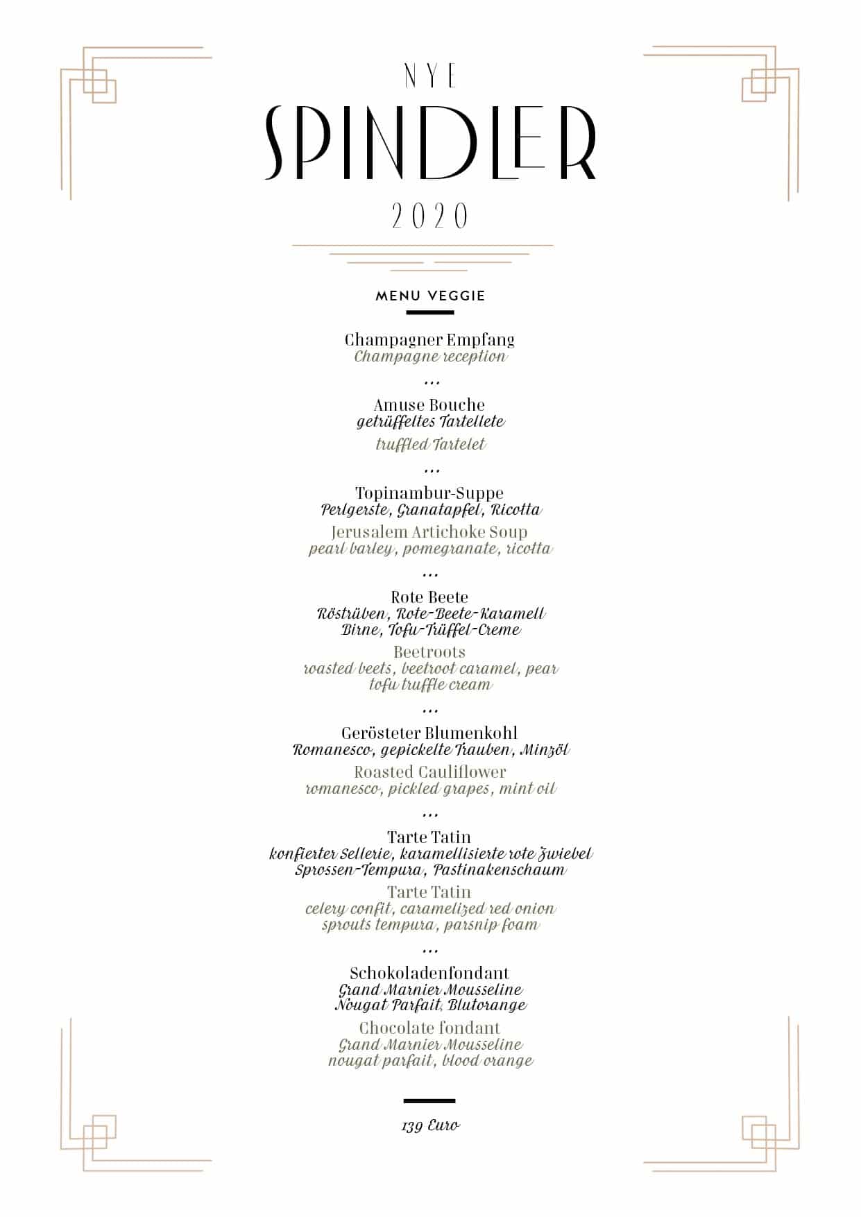 Spindler Restaurant Berlin Silvester NYE 2020 MENU veggie